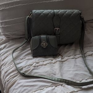 Quilted Crossbody Bag and Wallet Set - Green